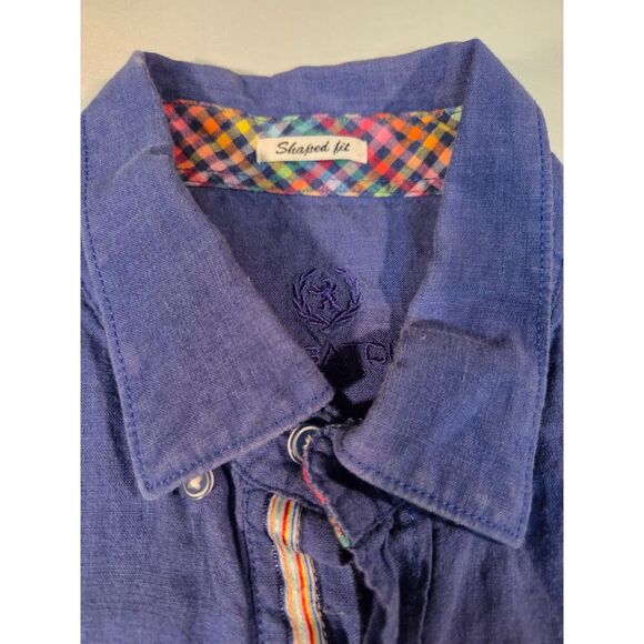 Bugatchi Uomo Blue Linen Button Down Shirt Men’s XL Shaped Fit Short Sleeve - Picture 2 of 7